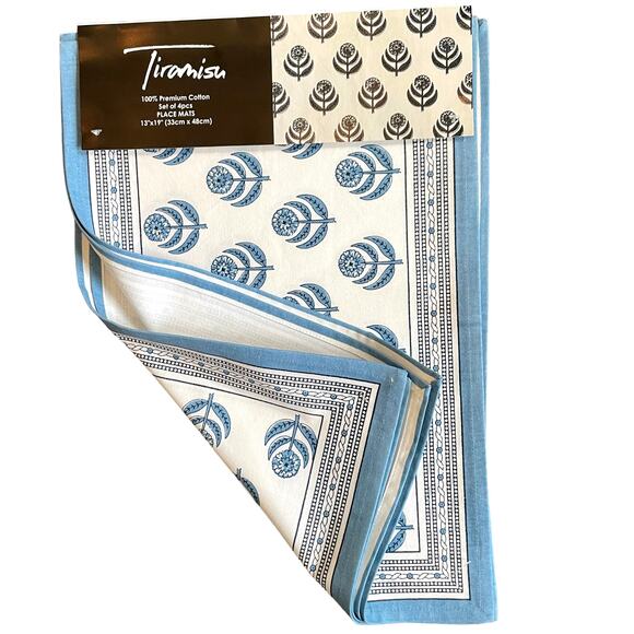 TIRAMISU Spring Summer Blue Floral 100% Cotton 13X19 Placemats Set of 4 NEW - Picture 2 of 5
